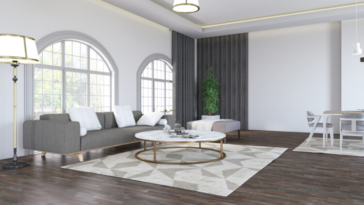 Modern living room featuring geometric rug, resembling carpet tiles